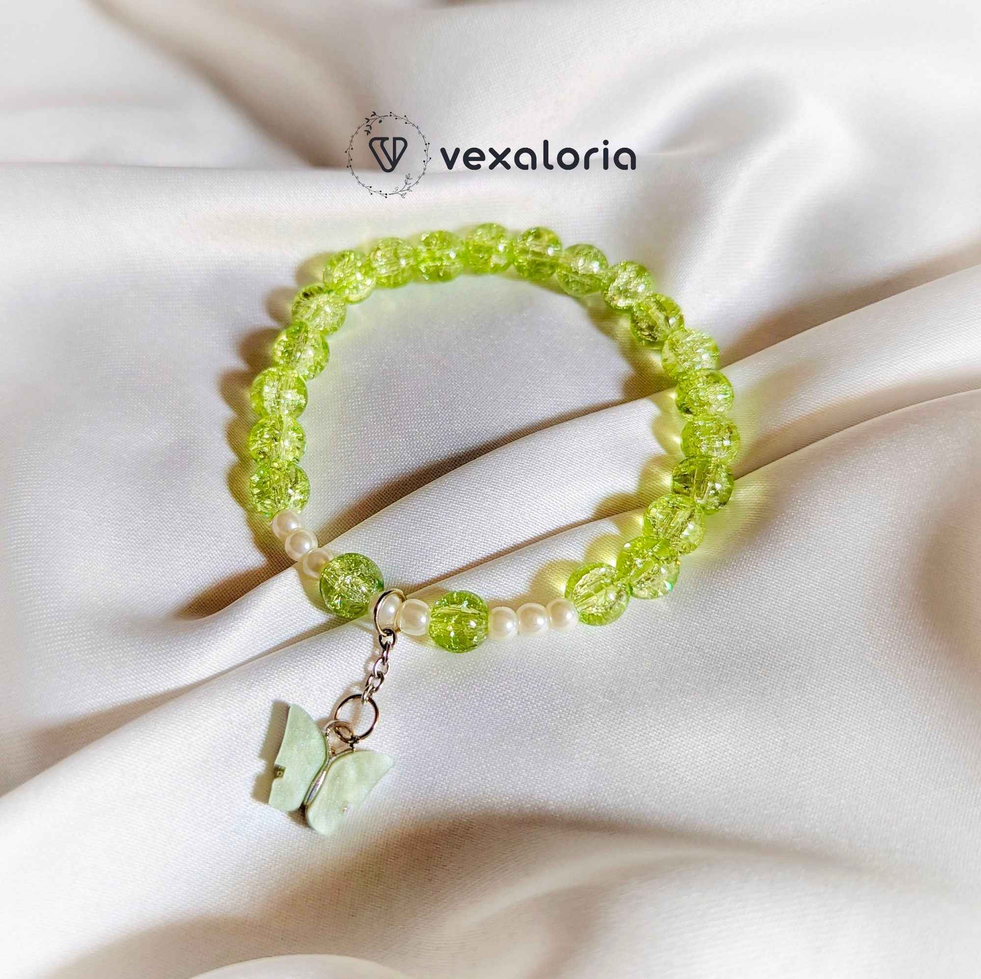 🦋 Lime Glow Butterfly Beaded Bracelet – Stretch Fit with Pearls & Charm