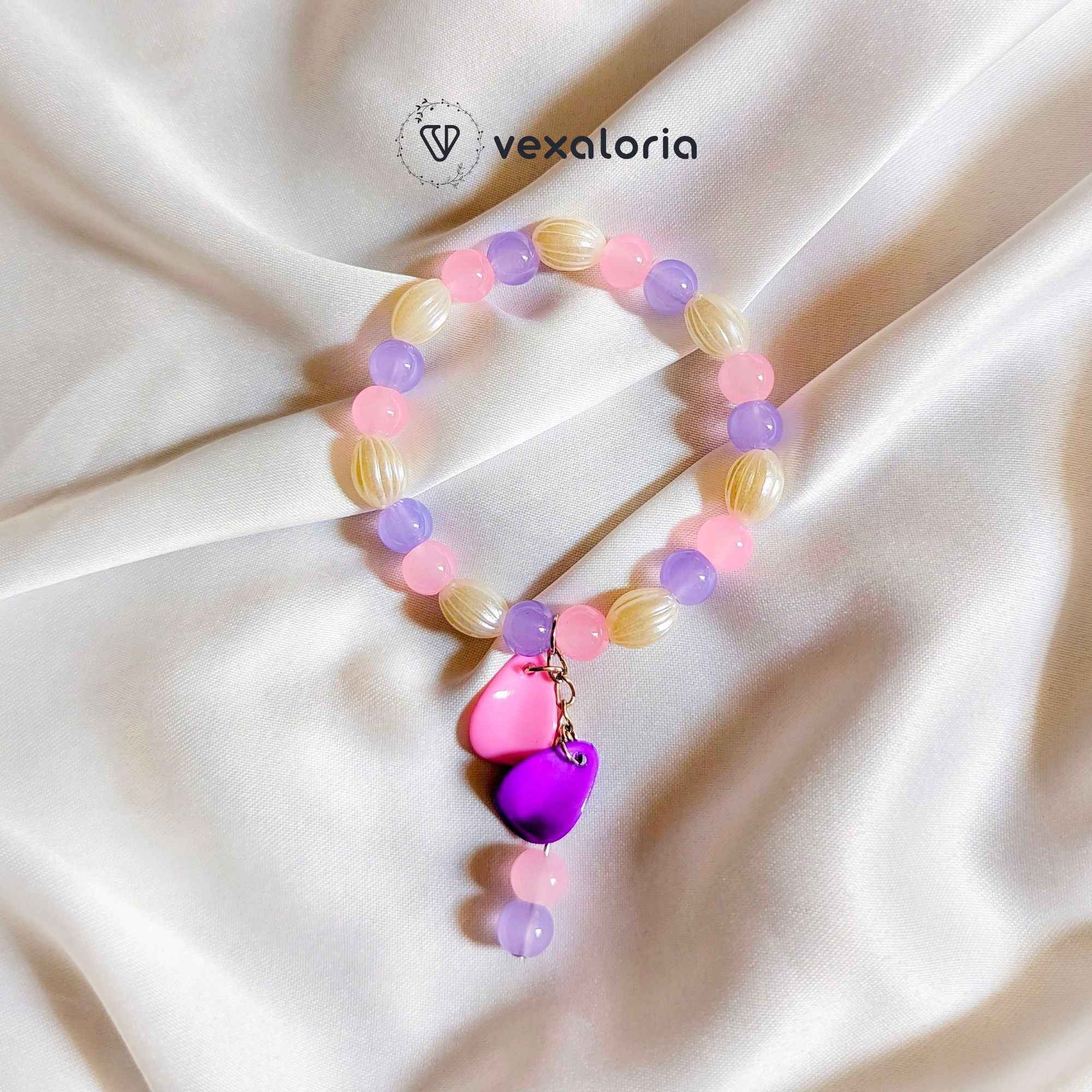 💖 Blush Bloom Beaded Bracelet – Light Purple & Pink with Dangling Beads (Stretch Fit)