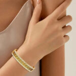 Geometric Double-Row Zircon Bangle Stainless Steel Bracelet for Women