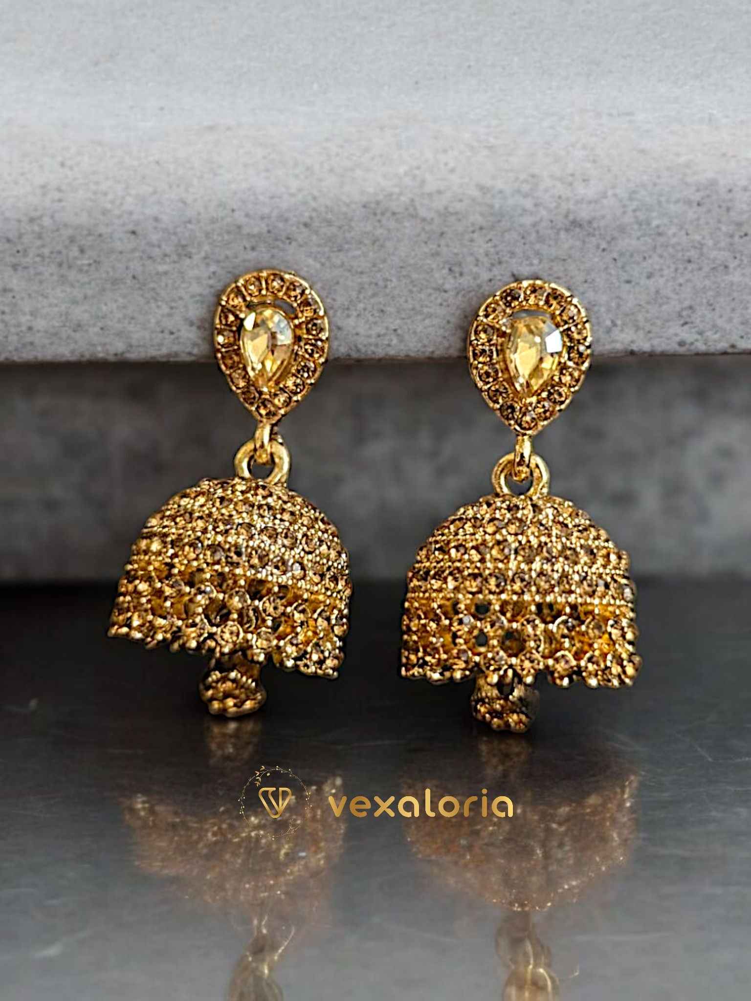 Beautiful Zircon golden Jhumki for girls - Desi style Jhumki for girls