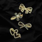 4 Piece Black & Gold Color Rhinestone Bow and Faux Pearl Luxury Multi Design Metal Hair Clips Set for women and girls