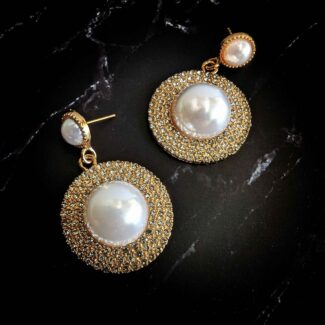 Round Golden Earrings with Pearl and Zircoon Gold Plated Pearl Studded Party Wear