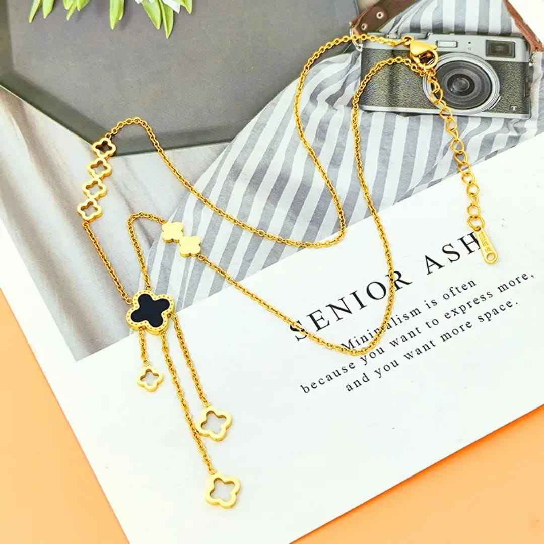 Fashion Four Leaf Clover Stainless Steel Necklace Women Openwork Pendant Tassel Collarbone Chain Ins Hiphop Accessories Jewelry